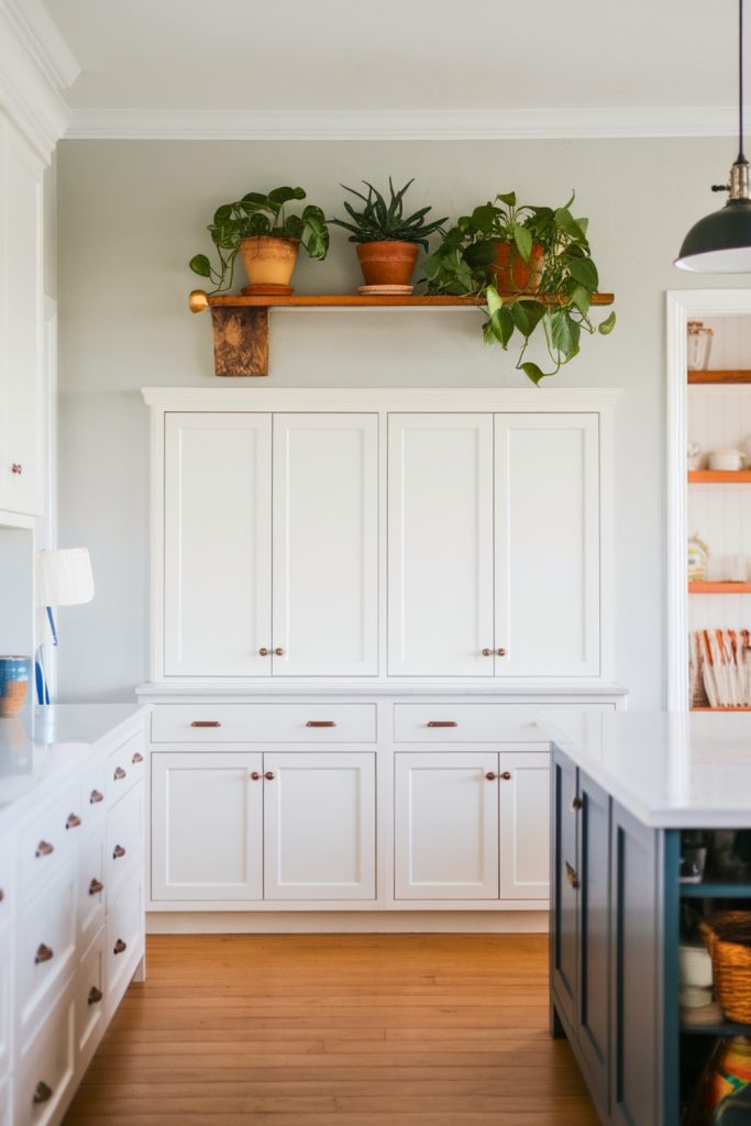 artifical plants on shelve above white kitchen cabinet