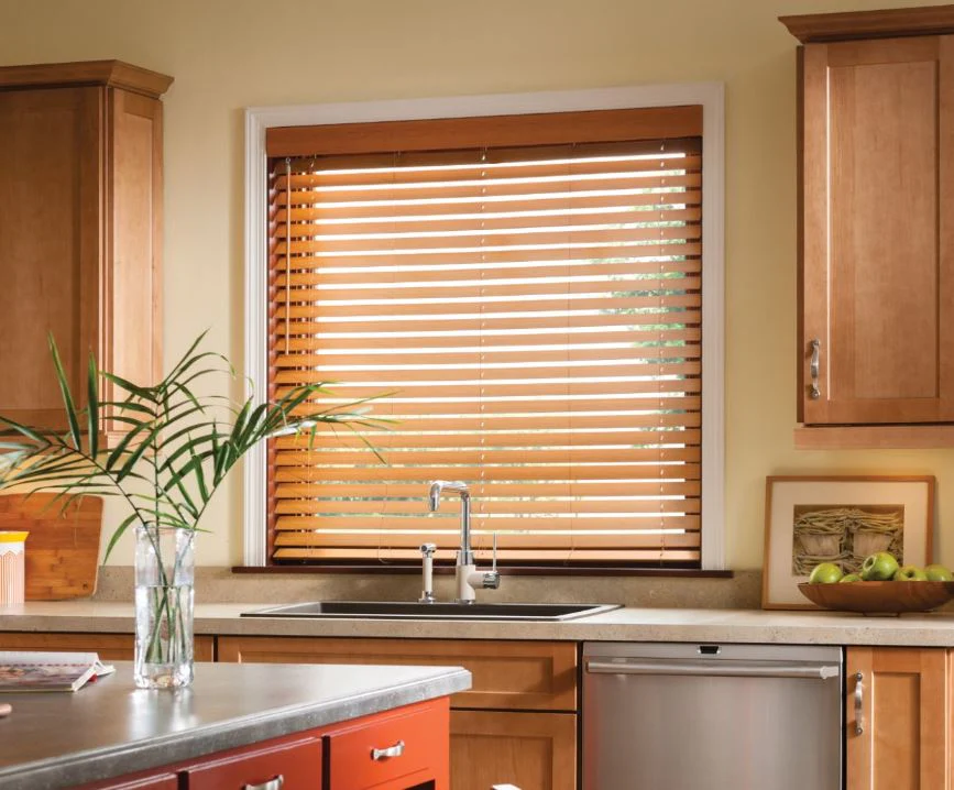 cordless wooden blinds in window