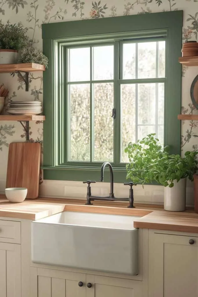 dark trim in window above sink