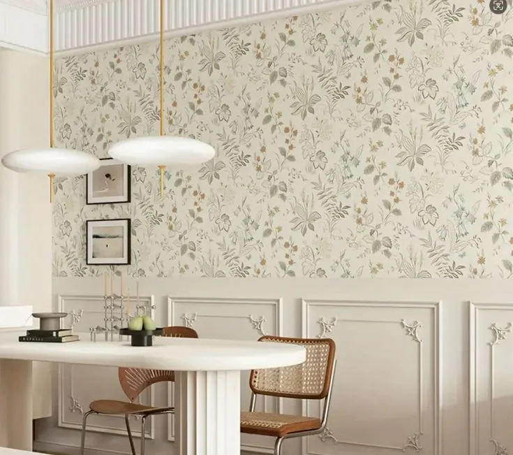 soft floral wallpaper in dining room