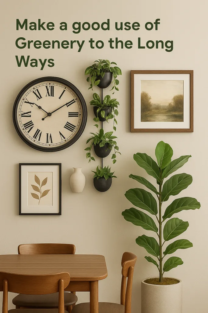 hanging greenery in dining room wall with clock