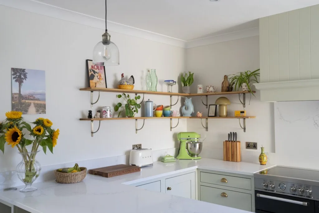 greenery in kitchen with colorful items and appliance and artwork