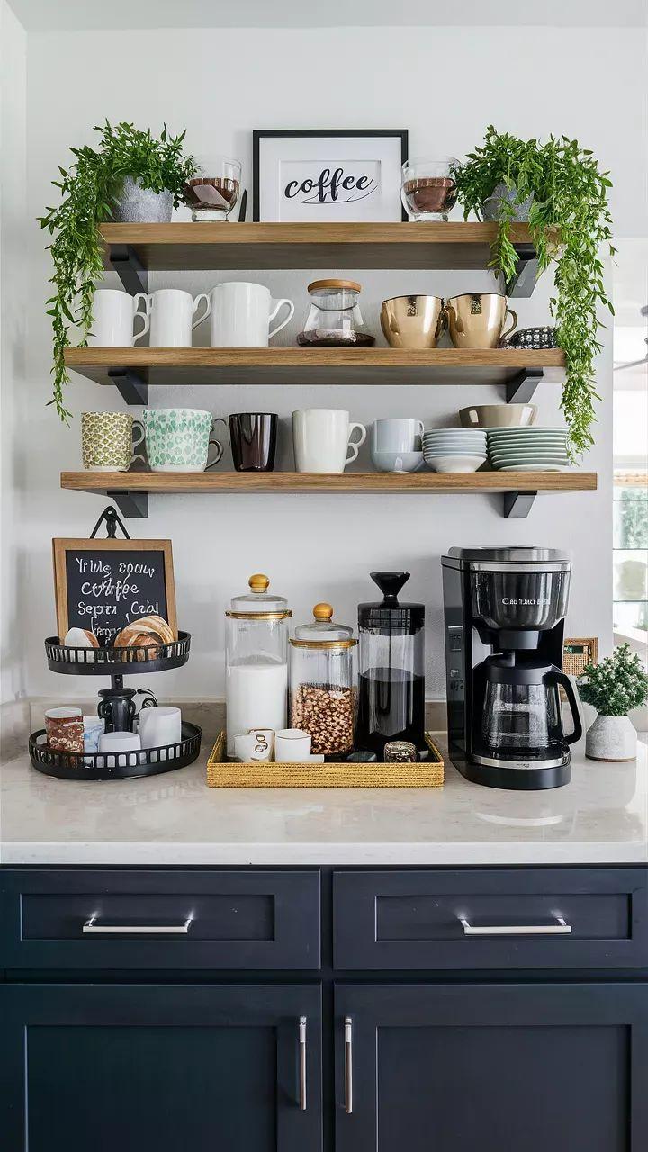 coffee area in kitchen having glass and vintage jar ,coffee blender, coffee items