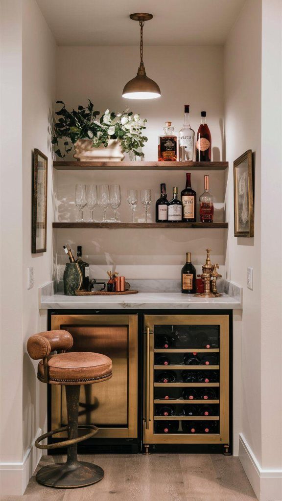 bar glass bottles and glasses with indoor plant on shelves above cabinets in kitchen