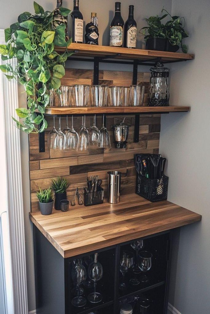 bar glasses above cabinets on shelves
