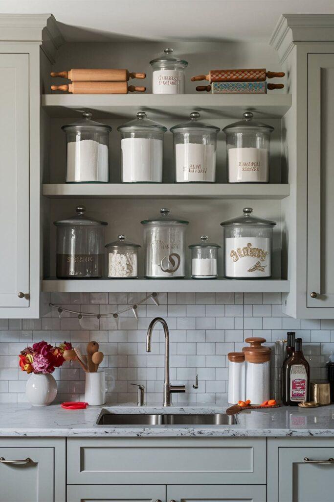 baking items glass jars on selfs above cabinets and sink