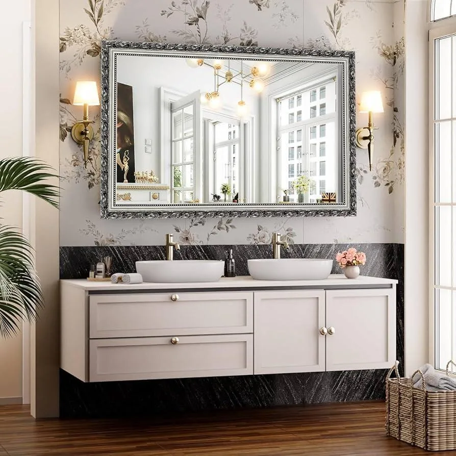 Vintage Bathroom Mirrors for Wall, Rectangle Silver Frame Wall  Mounted Mirror Vertical or Horizontal Hanging for Living Room