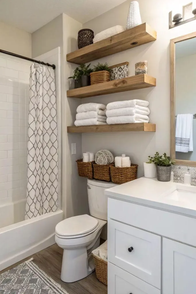 open selves with towels and woven baskets , plants and other items present above the bathroom seating