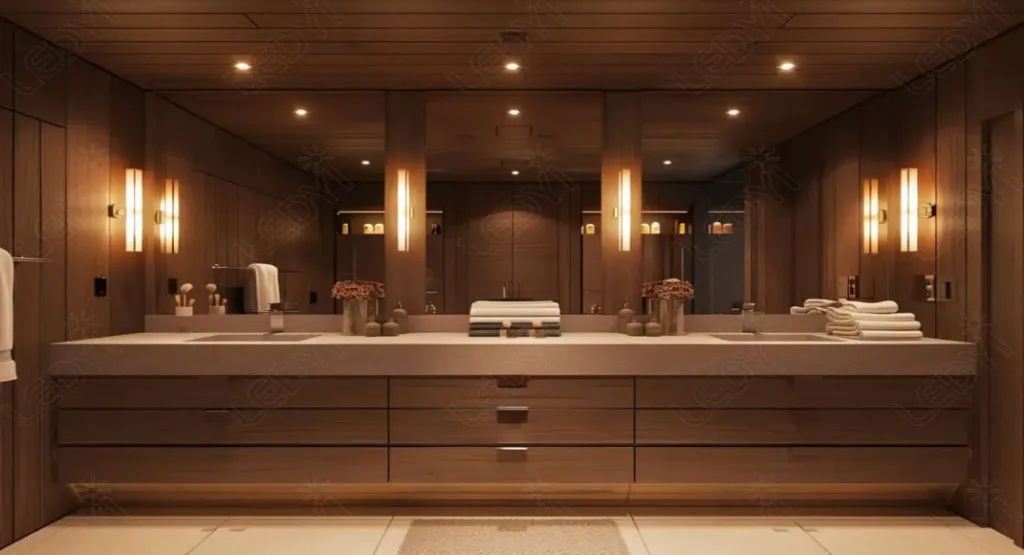 brown theme bathroom with golden lightening . towels and draws are also present below the mirror