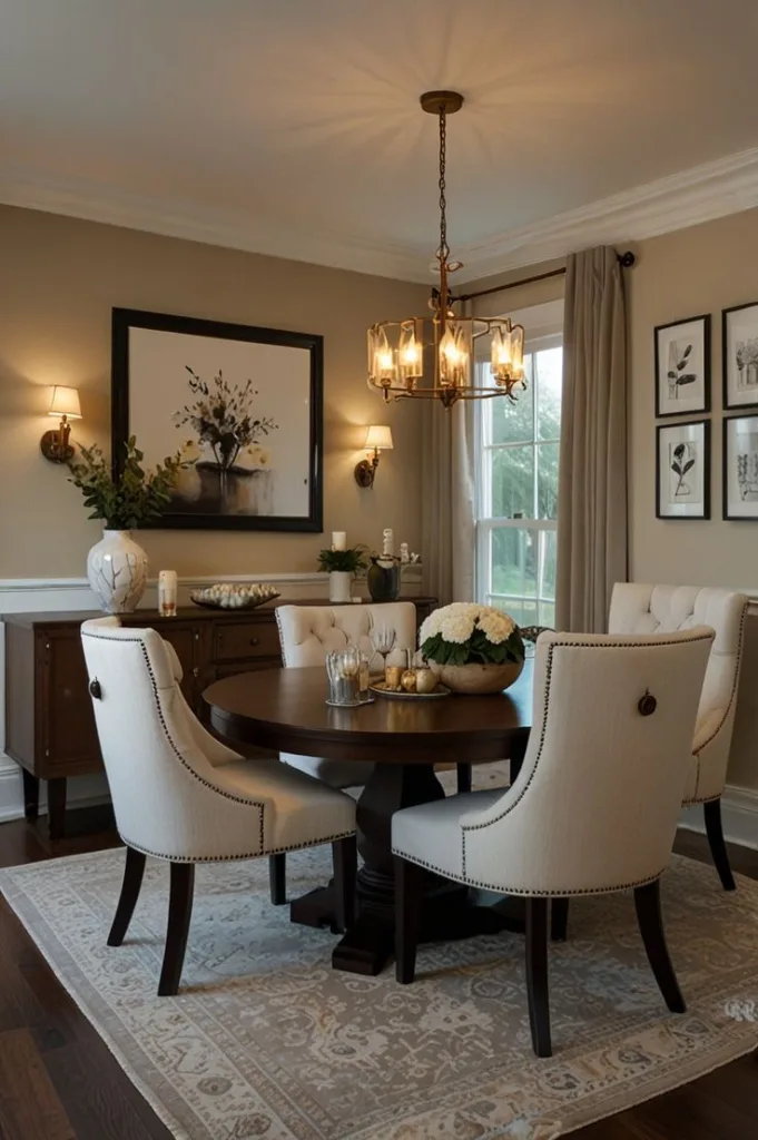lightening on dining room wall, round dining table with soft chairs