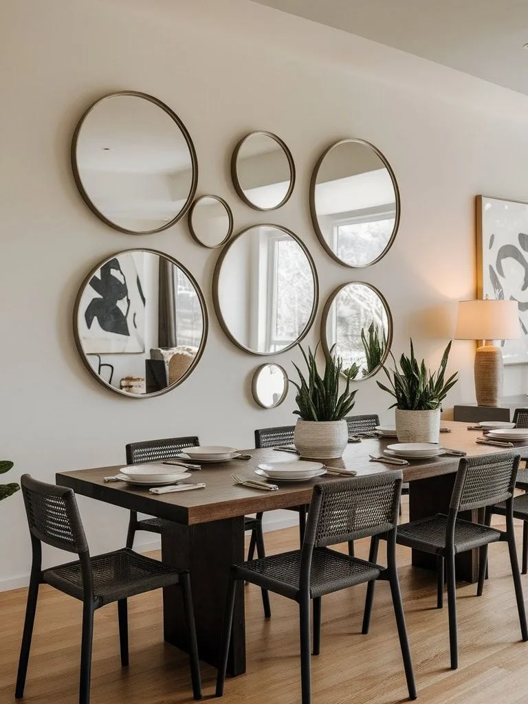 round mirrors of different size on wall. Rectangular table and chairs with plates and artificial plant are present