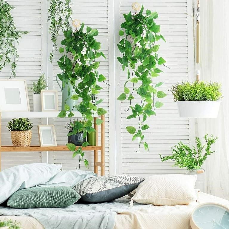hanging green plants in bedroom