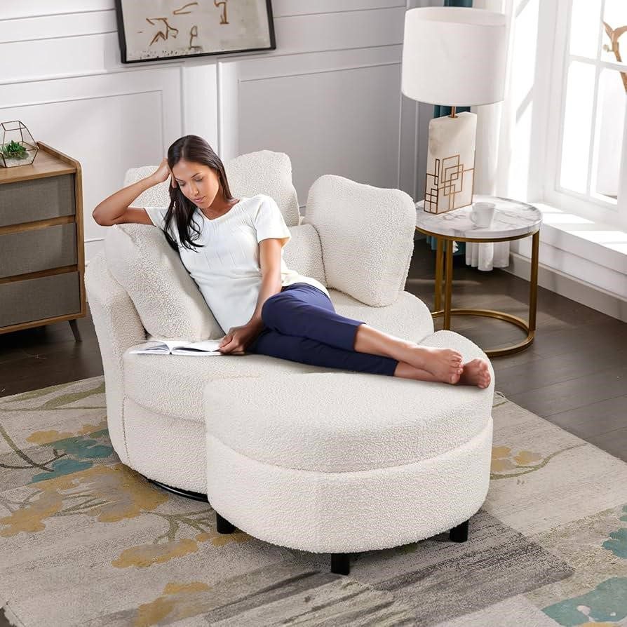 round chair in bedroom with girl sitting on it