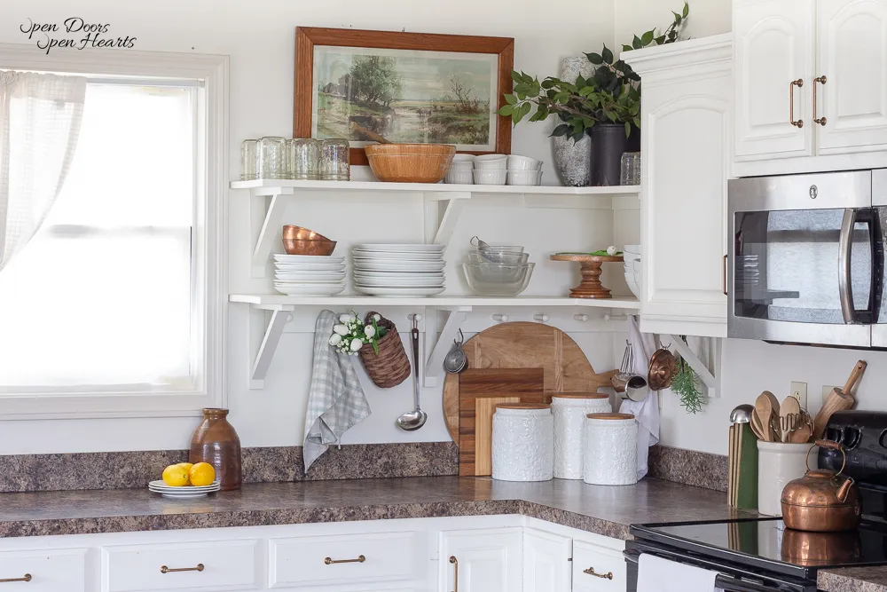 This image may describe: kitchen with white shelves having glasses,glass bowels, plates and plants. Wall art on wall, oven and cabinets, ceramic jars, cutting board and spoons above the cabinets
