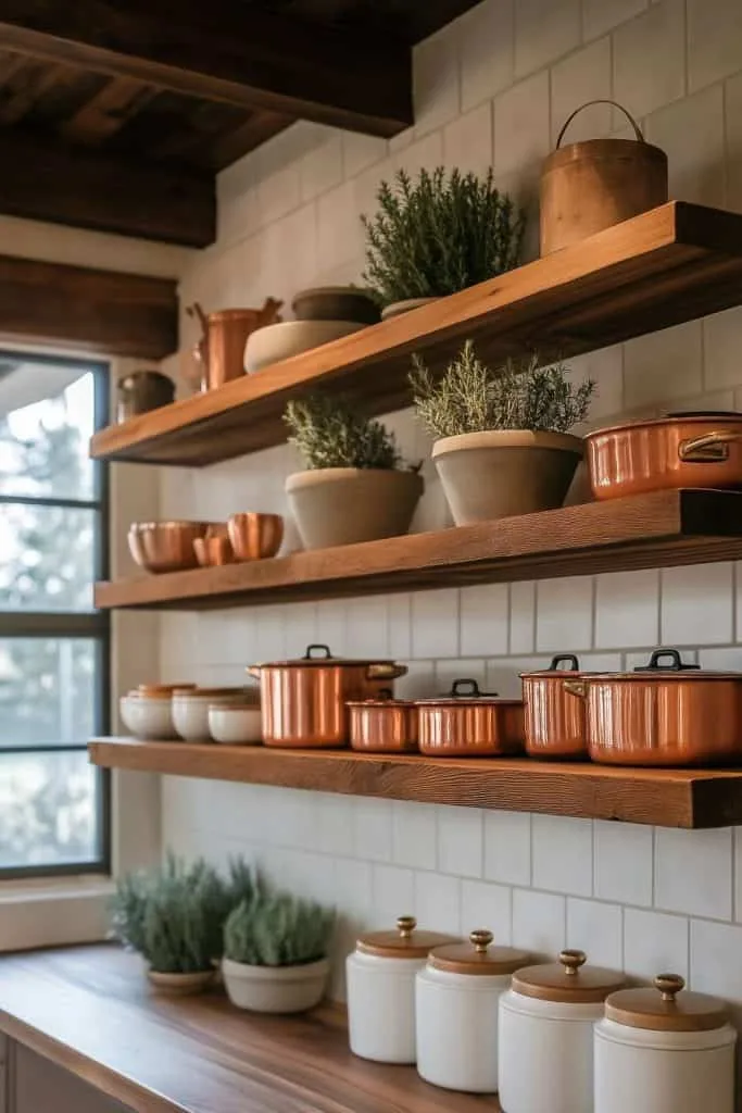 utensils in kitchen, plants like herbs and shrubs and ceramic jars