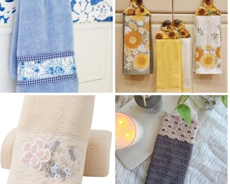 blue ribbon, button ,rose and crochet bathroom towels