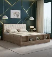 hanging lightening in bedroom having frame on wall and brown beautiful bed