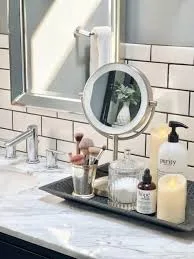 miss match bottles on tray at countertop of bathroom