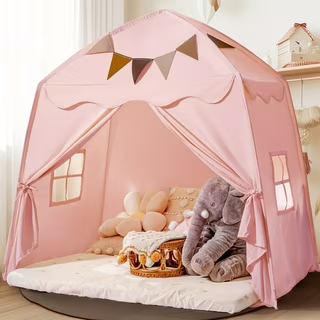 pink canopy play tent with toys