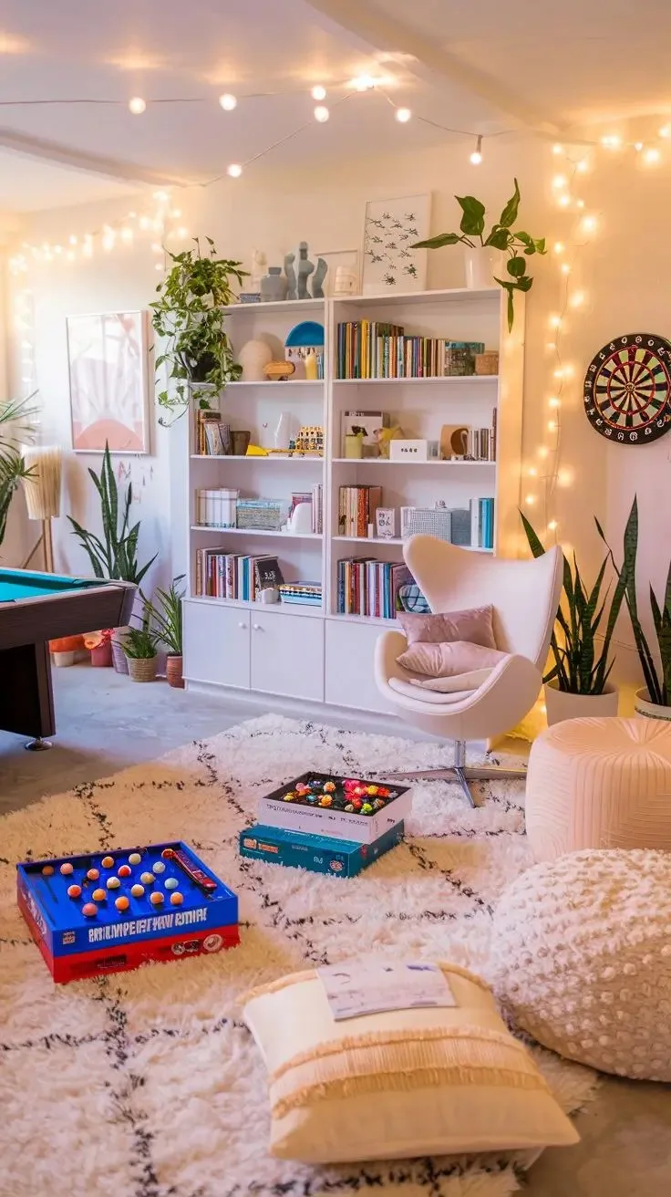 throws and rugs in the playroom with storage cupboards and fairy lighting