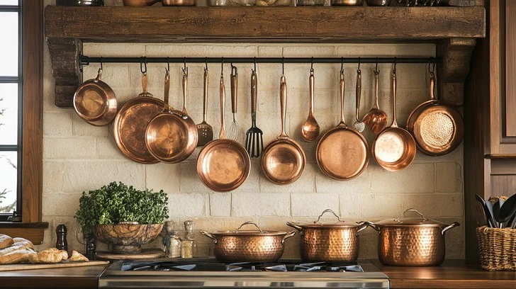 copper spoon, ladles and pans and pots hanging on wall